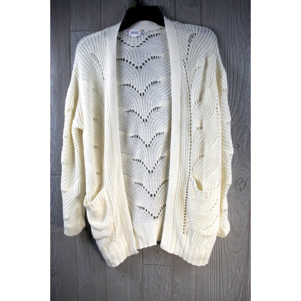 Pink Rose Womens S Ivory Open Front Cardigan Sweater Crochet Knit Boho Pockets